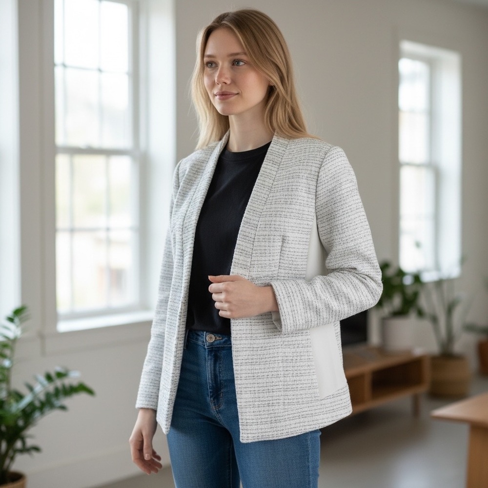 White House Black Market Tweed Open Front Blazer White Silver Size 0